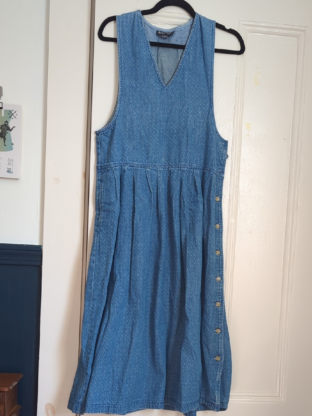 Liz Claiborne Blue Denim Sleeveless Midi Dress Pocket Polka Dot Vintage 90s